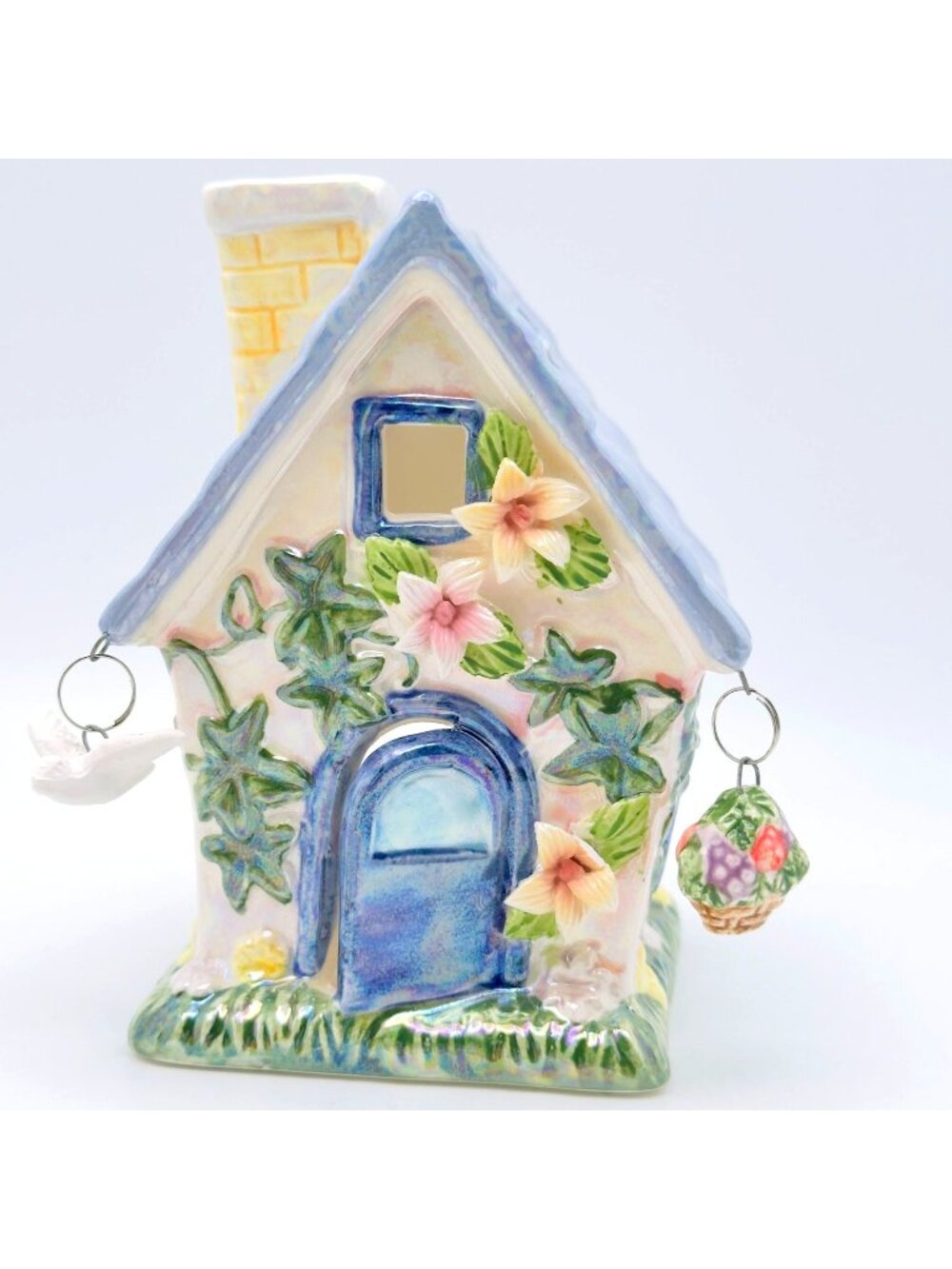 Porcelain Birdhouse Tealight Candle Holder Hand-Painted Floral Hanging 4" Vtg